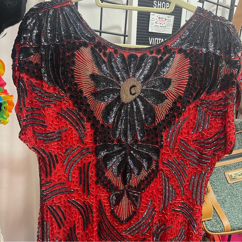 SOLD ELSEWHERE Vintage Red Beaded Gown 1980s - 1940s style